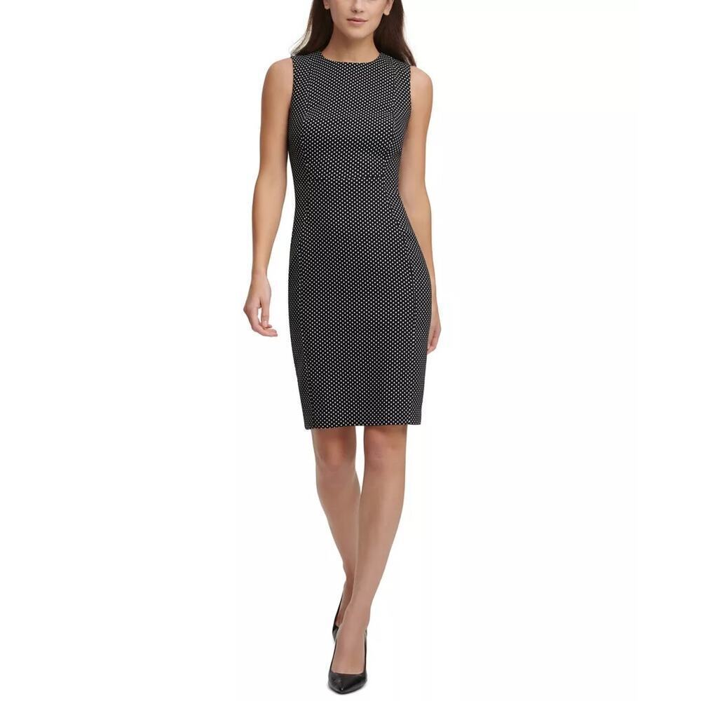 Calvin Klein Sheath Sleeveless Square Dot Dress Sz 12 Black White Office Siren